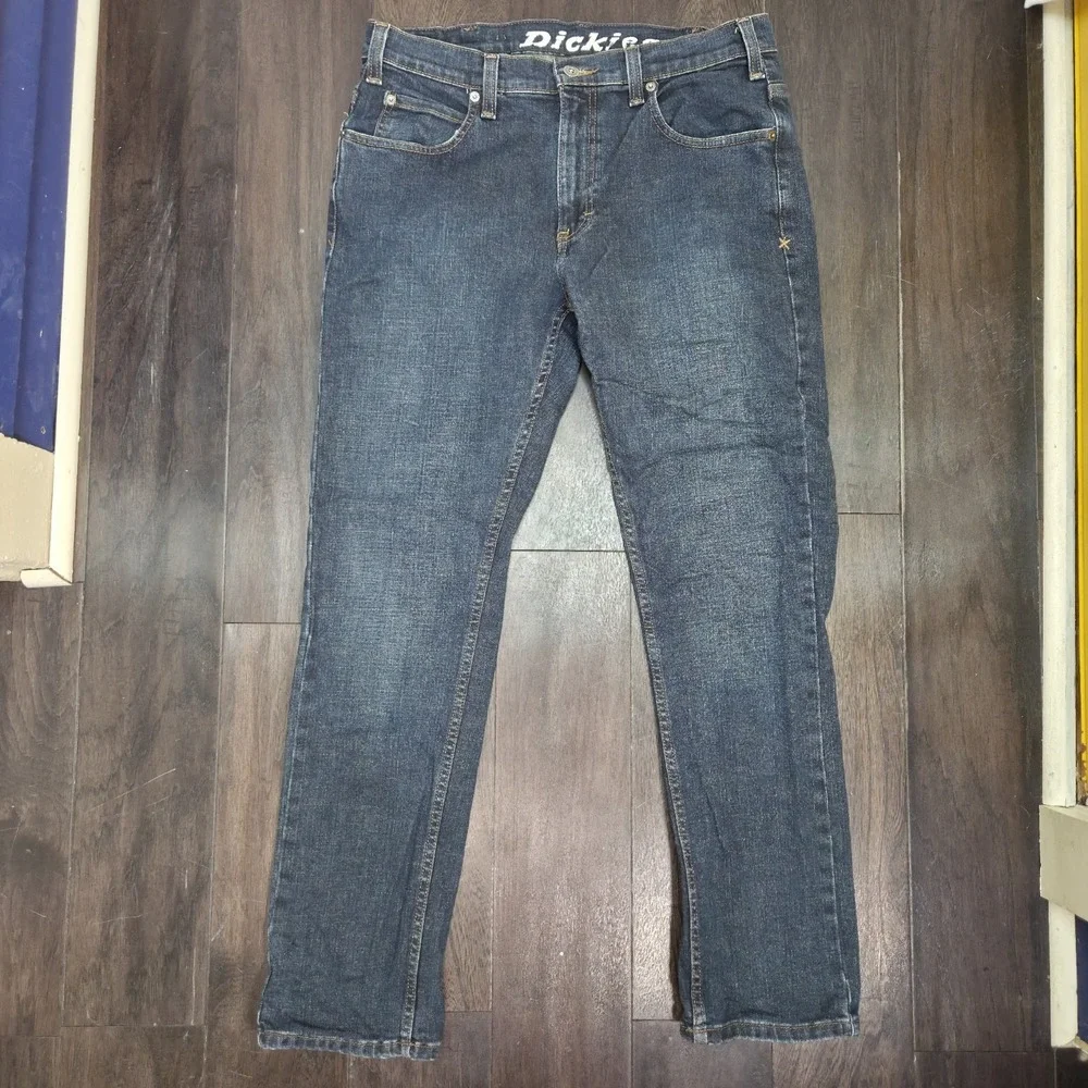 Dickies Slim Blue Jeans Mens Size 33x30 With Stretch Mid-rise Med-wash